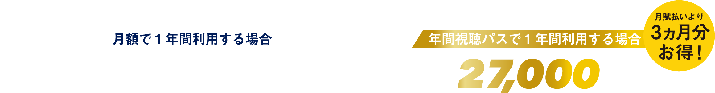 月額で1年間利用する場合 月額3,000円×12ヶ月=36,000円 年間視聴パスで1年間利用する場合 年間27,000円 月賦払いより3ヶ月分お得!