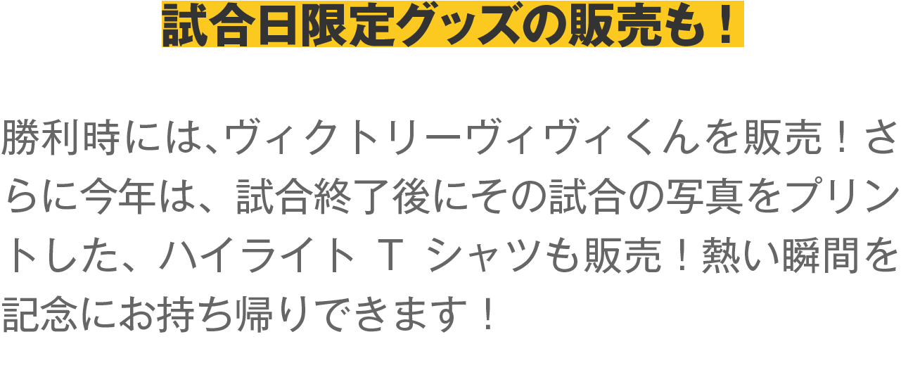 勝利時には、ヴィクトリーヴィヴィくんを販売！さらに今年は、試合終了後にその試合の写真をプリントした、ハイライトTシャツも販売！熱い瞬間を記念にお持ち帰りできます！