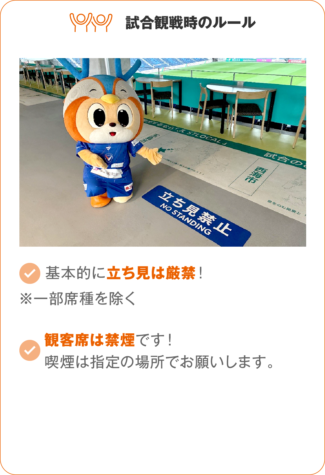 試合観戦時のルール:一部席種を除き、基本的に立ち見は厳禁！観客席は禁煙です！喫煙は指定の場所でお願いします。