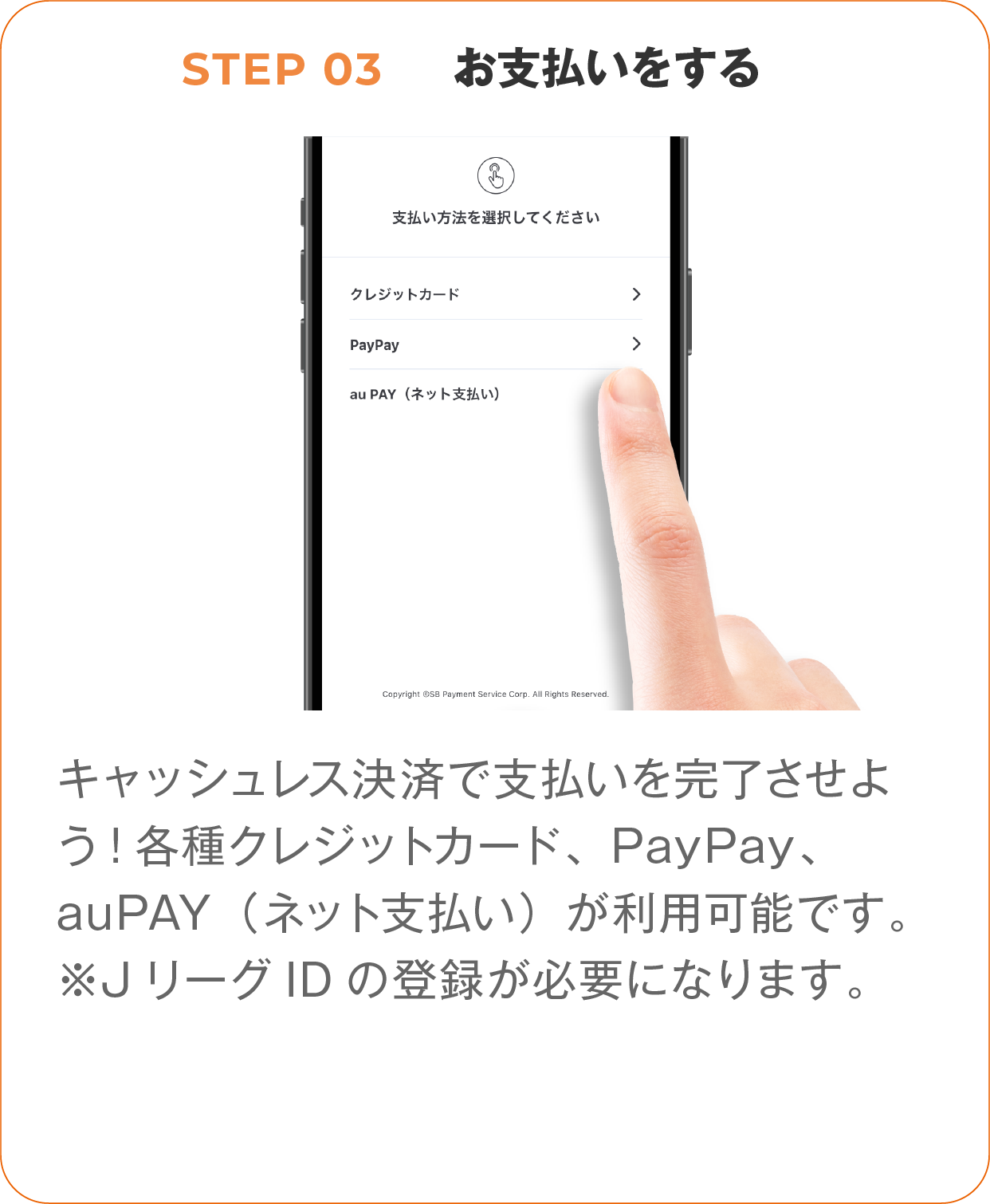 STEP 03 お支払いをする、キャッシュレス決済で支払いを完了させよう!各種クレジットカード、各種クレジットカード、paypay、auPAY（ネット支払い）が利用可能です。