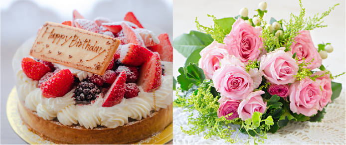 ケーキや花束の画像