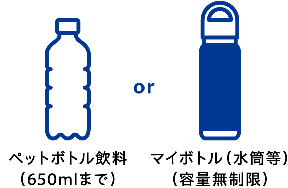 ペットボトル飲料（650mlまで）、マイボトル（水筒等）（容量無制限）