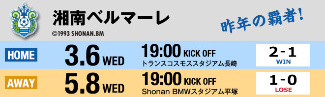 vs湘南ベルマーレ 3月6日 WED 2:1 win 5月8日　WED 1:0